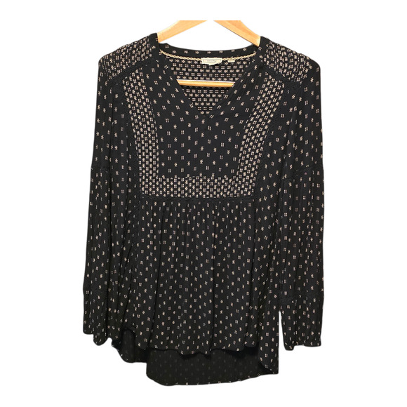 FatFace Top Womens Size 8 Black/Ivory Print Lace V-Neck Hi-Lo Hem Boho Peasant - Picture 1 of 13